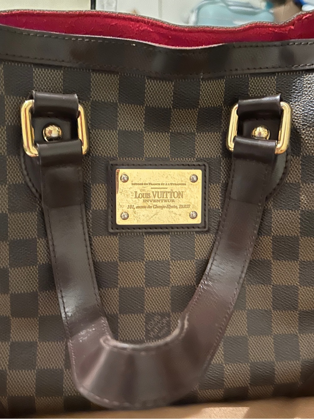 Louis Vuitton Damier Ebene Handbag with Red Lining and Gold Hardware